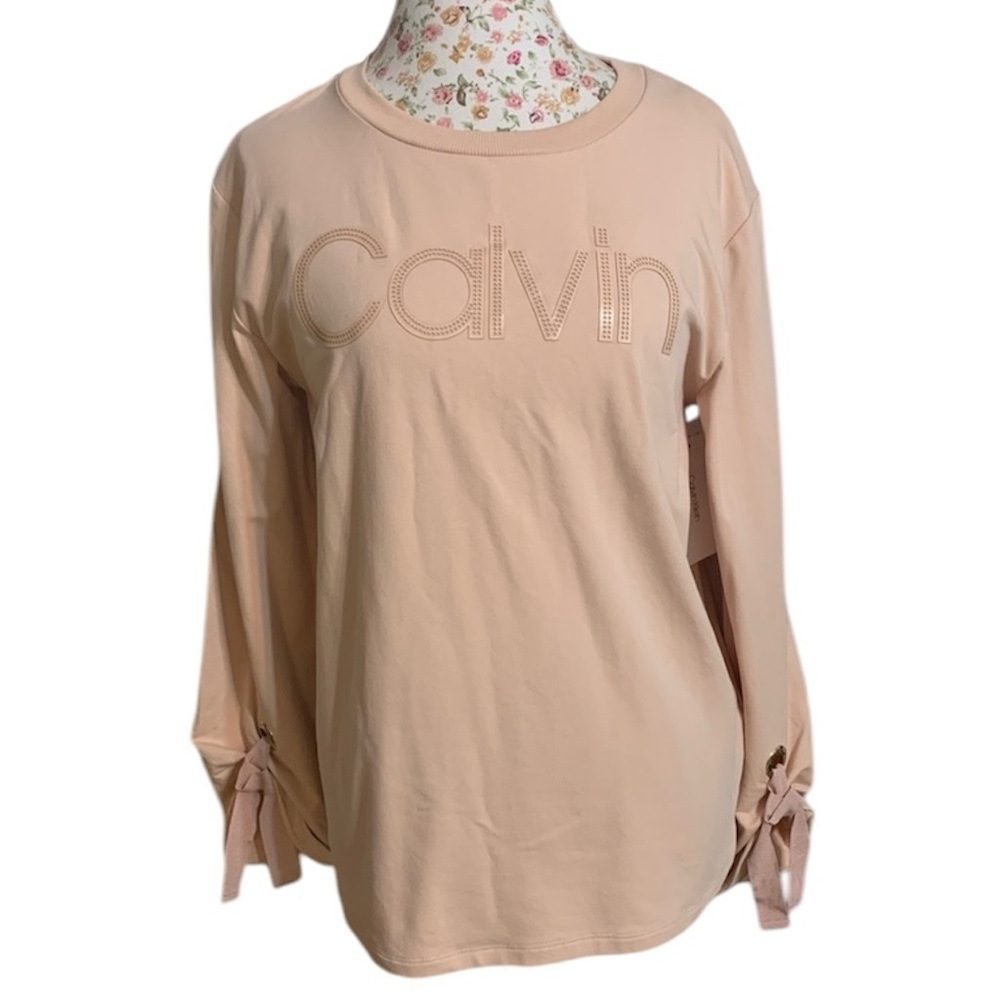 Calvin Klein Womens Sweatshirt Size M Light Pink Ribbon Sleeve Accent NWT